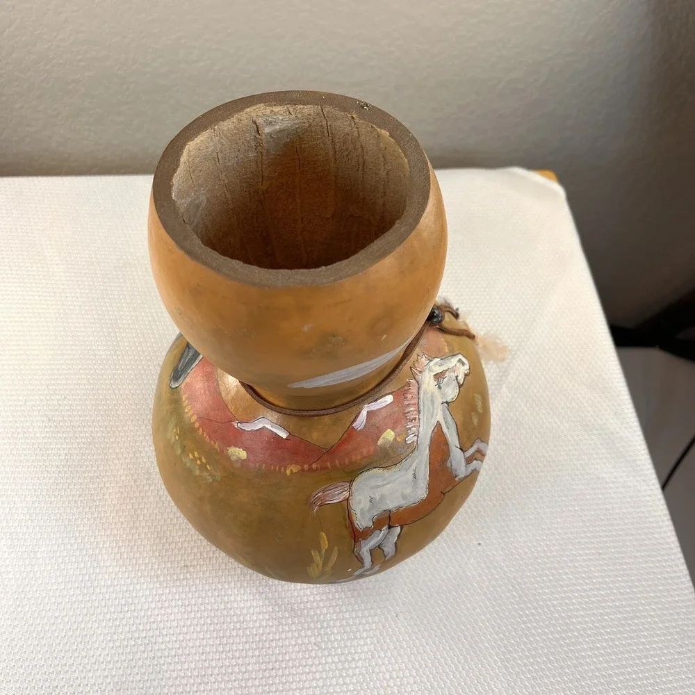Hand Painted Horse Heads Gourd Art Pot Vase, Signed 10